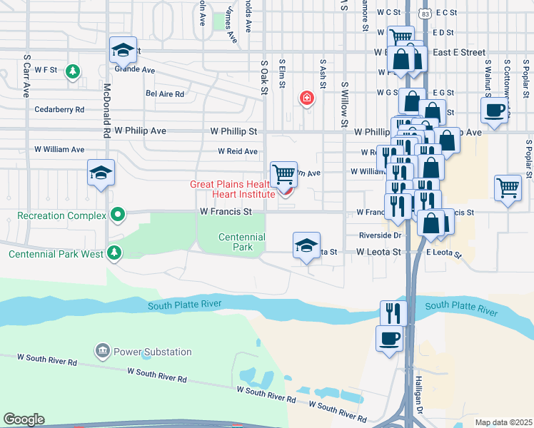 map of restaurants, bars, coffee shops, grocery stores, and more near 1311 South Oak Street in North Platte