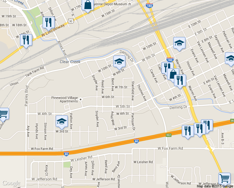 map of restaurants, bars, coffee shops, grocery stores, and more near 614 West 6th Street in Cheyenne