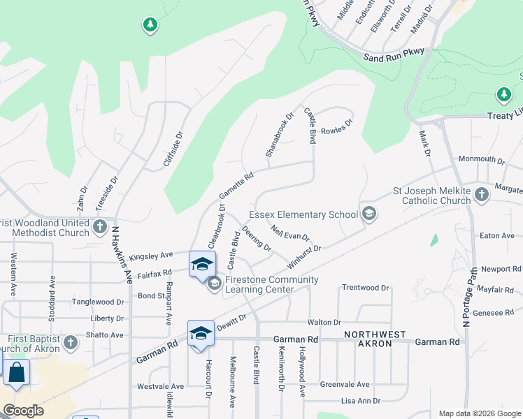 map of restaurants, bars, coffee shops, grocery stores, and more near 1435 Neil Evan Drive in Akron