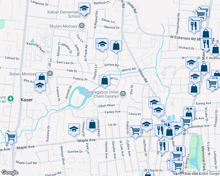 map of restaurants, bars, coffee shops, grocery stores, and more near 79 Francis Place in Spring Valley