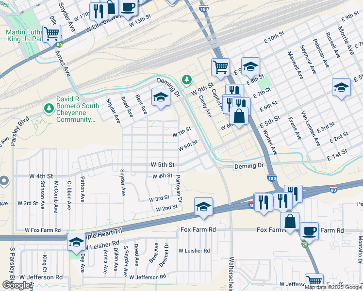 map of restaurants, bars, coffee shops, grocery stores, and more near 605 Stanfield Avenue in Cheyenne
