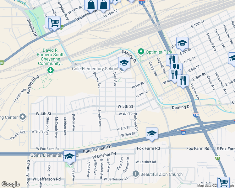 map of restaurants, bars, coffee shops, grocery stores, and more near 610 Bent Avenue in Cheyenne