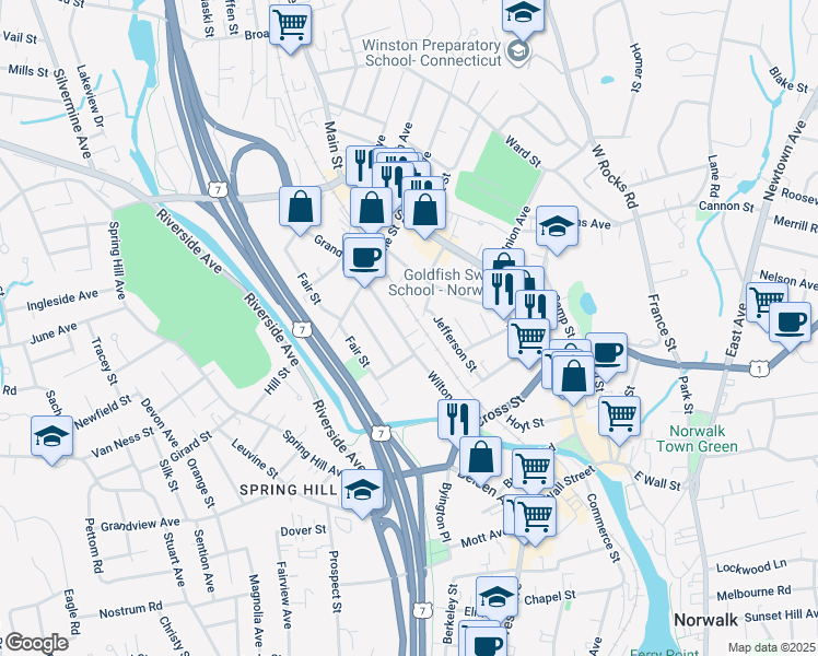 map of restaurants, bars, coffee shops, grocery stores, and more near 42 Wilton Avenue in Norwalk