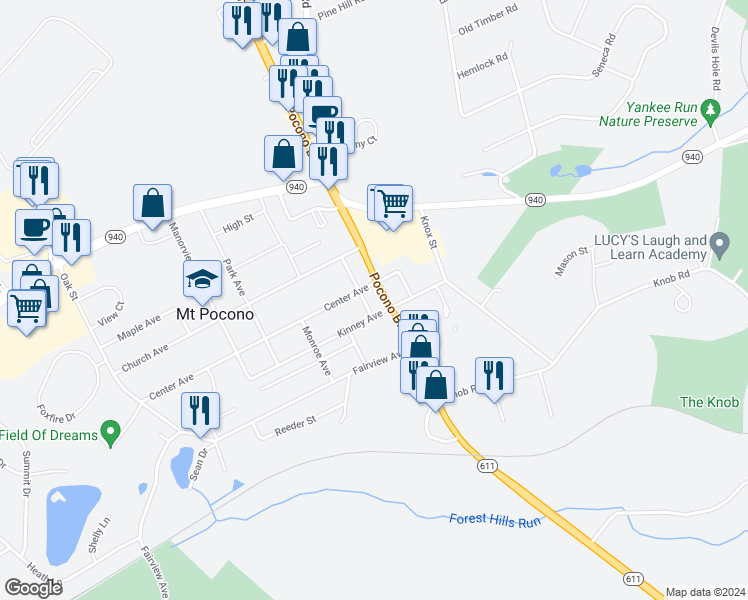 map of restaurants, bars, coffee shops, grocery stores, and more near 11 Center Avenue in Mount Pocono