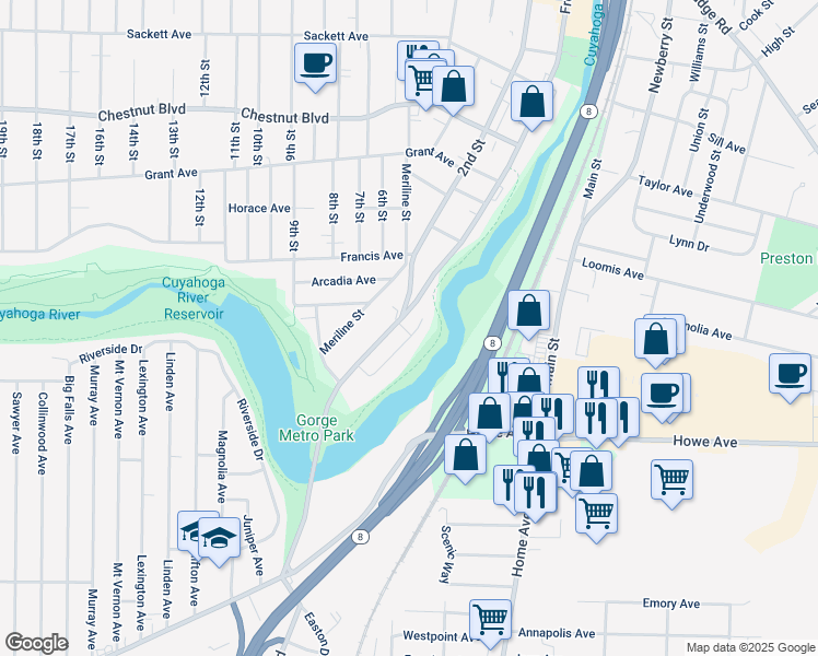 map of restaurants, bars, coffee shops, grocery stores, and more near 1381 Forest Glen Drive in Cuyahoga Falls