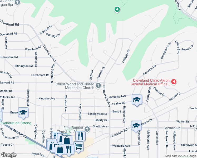 map of restaurants, bars, coffee shops, grocery stores, and more near 460 Treeside Drive in Akron