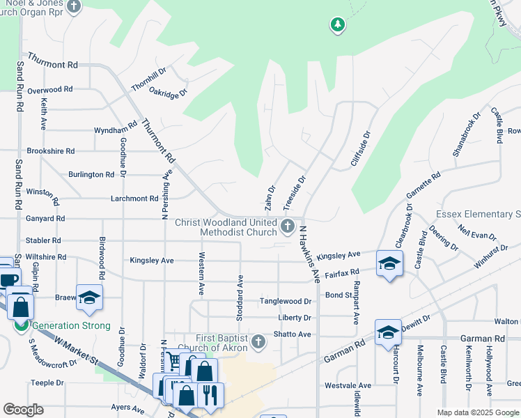 map of restaurants, bars, coffee shops, grocery stores, and more near 10 Zahn Court in Akron