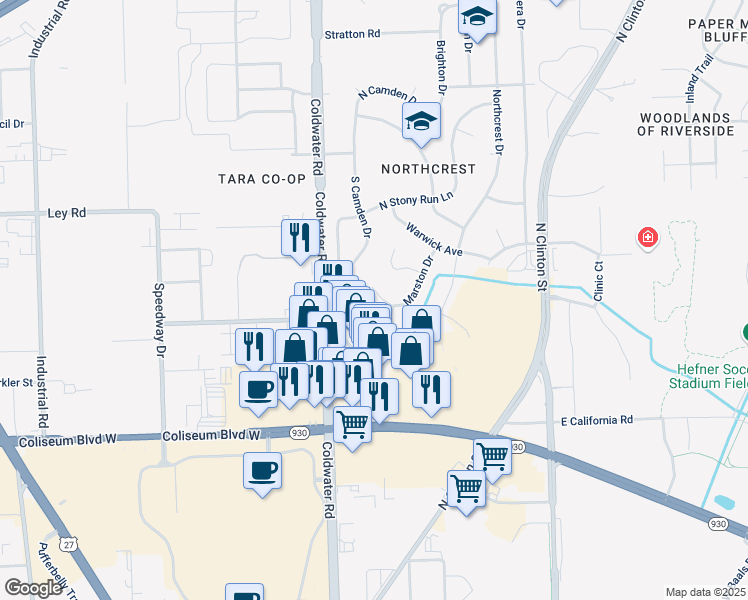 map of restaurants, bars, coffee shops, grocery stores, and more near 423 East Camden Drive in Fort Wayne
