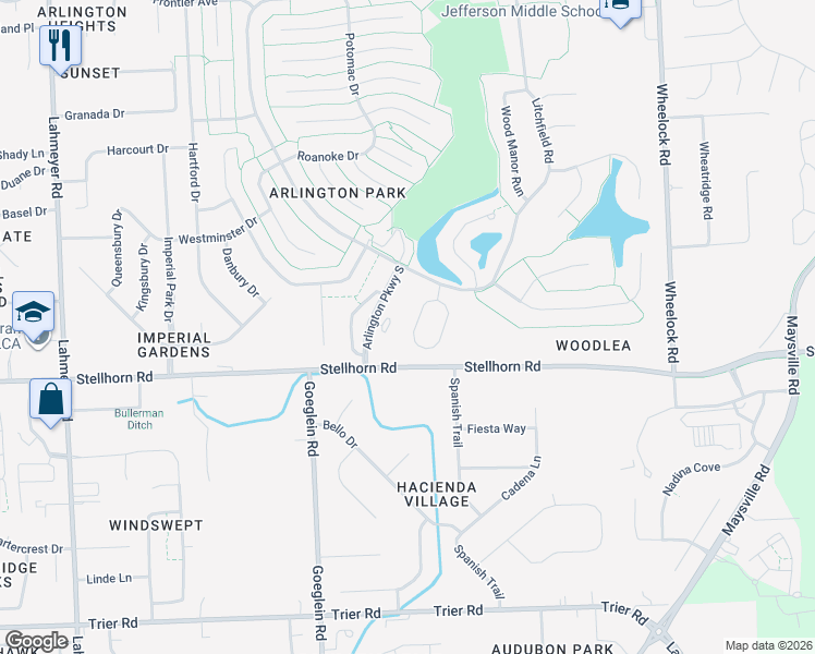 map of restaurants, bars, coffee shops, grocery stores, and more near 4503 West Shenandoah Circle in Fort Wayne