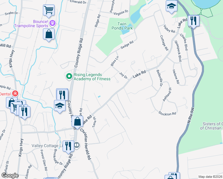 map of restaurants, bars, coffee shops, grocery stores, and more near 66A Lake Road in Valley Cottage