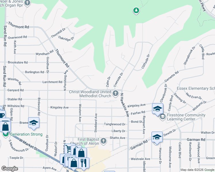 map of restaurants, bars, coffee shops, grocery stores, and more near 473 Zahn Drive in Akron