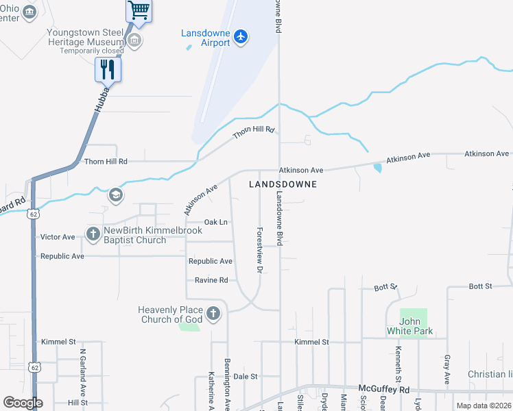 map of restaurants, bars, coffee shops, grocery stores, and more near 1634 Forestview Drive in Youngstown