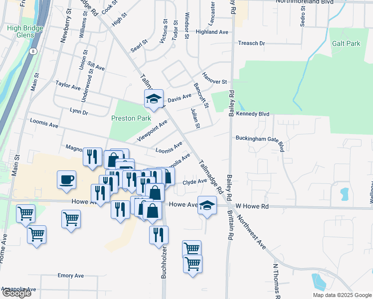 map of restaurants, bars, coffee shops, grocery stores, and more near 987 Magnolia Avenue in Cuyahoga Falls