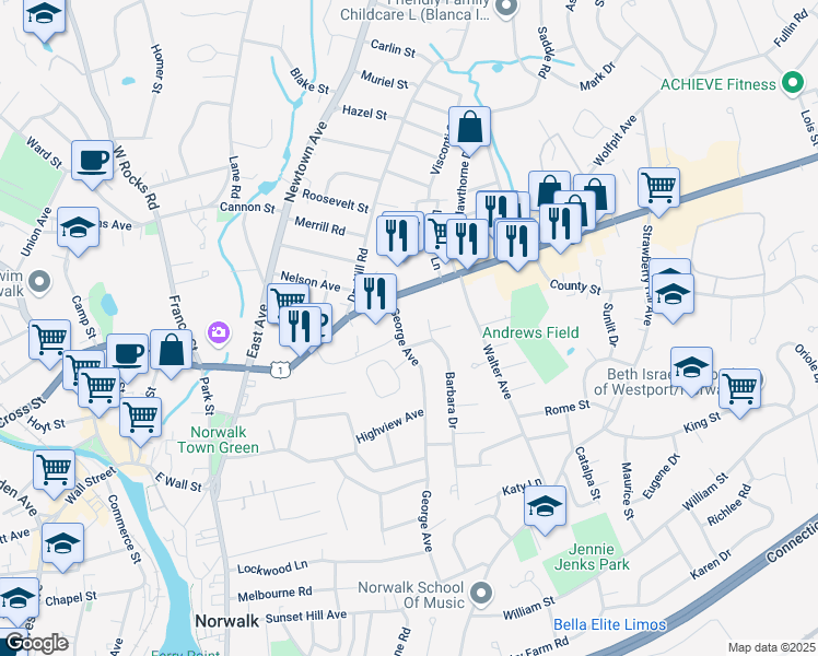 map of restaurants, bars, coffee shops, grocery stores, and more near 7 George Avenue in Norwalk