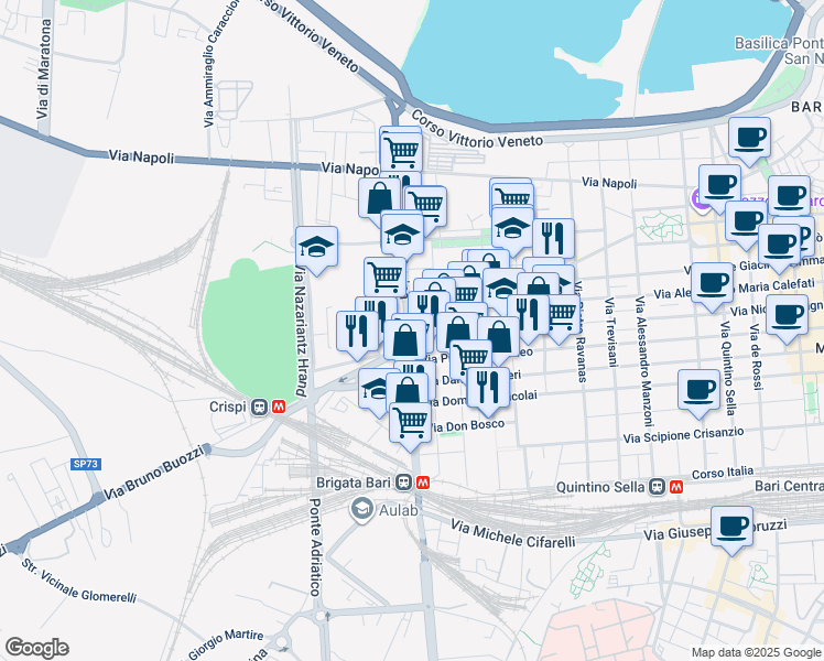 map of restaurants, bars, coffee shops, grocery stores, and more near 6 Via Tommaso Porcelli in Bari