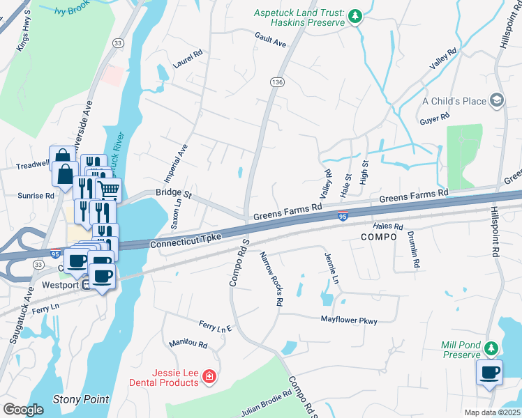 map of restaurants, bars, coffee shops, grocery stores, and more near 11 Greens Farms Road in Westport