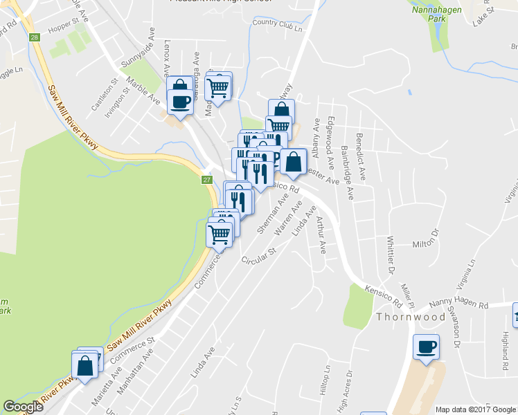 map of restaurants, bars, coffee shops, grocery stores, and more near 878 Commerce Street in Thornwood