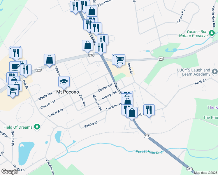 map of restaurants, bars, coffee shops, grocery stores, and more near 11 Center Avenue in Mount Pocono