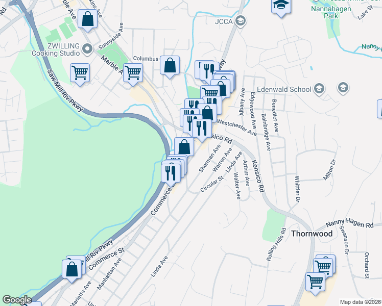map of restaurants, bars, coffee shops, grocery stores, and more near 855 Franklin Avenue in Thornwood