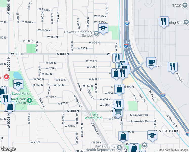 map of restaurants, bars, coffee shops, grocery stores, and more near 636 North 200 West in Clearfield