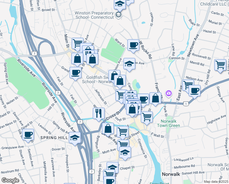 map of restaurants, bars, coffee shops, grocery stores, and more near 4 Godfrey Street in Norwalk