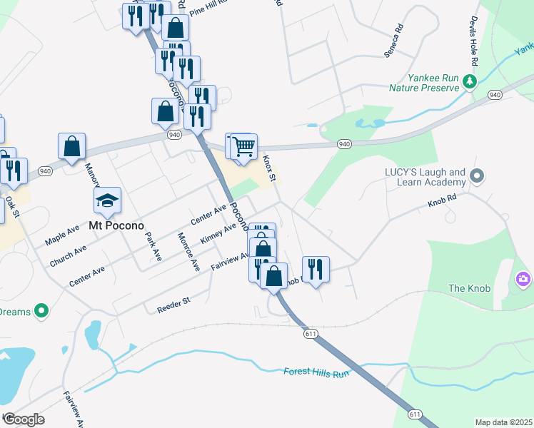 map of restaurants, bars, coffee shops, grocery stores, and more near 13 Kinney Avenue in Mount Pocono