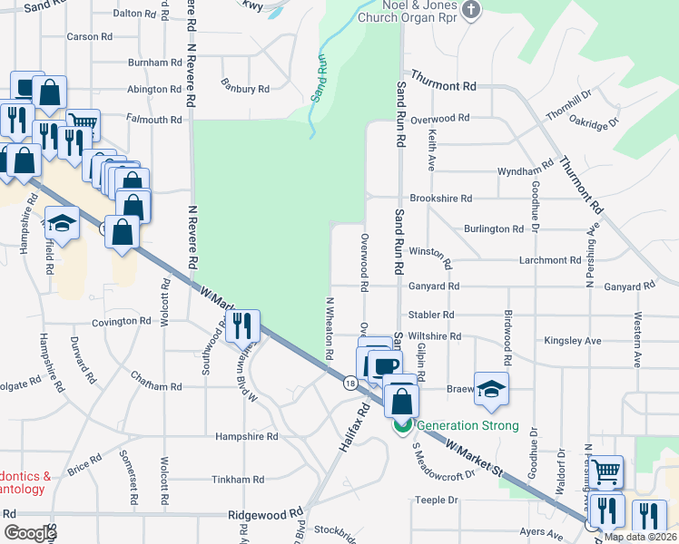 map of restaurants, bars, coffee shops, grocery stores, and more near 131 North Wheaton Road in Akron