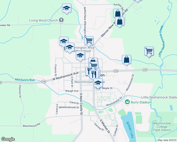 map of restaurants, bars, coffee shops, grocery stores, and more near 124 West Neshannock Avenue in New Wilmington