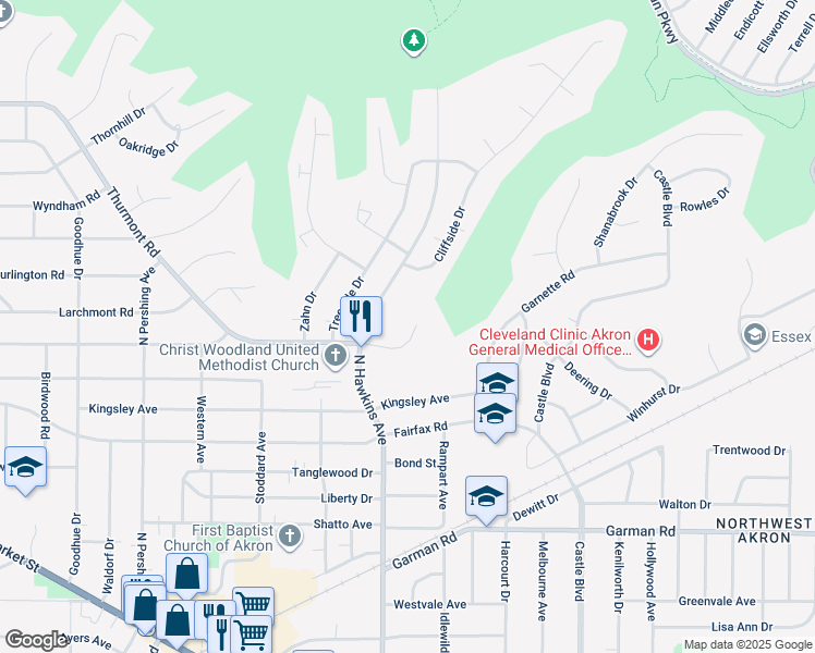 map of restaurants, bars, coffee shops, grocery stores, and more near 2023 Thurmont Road in Akron