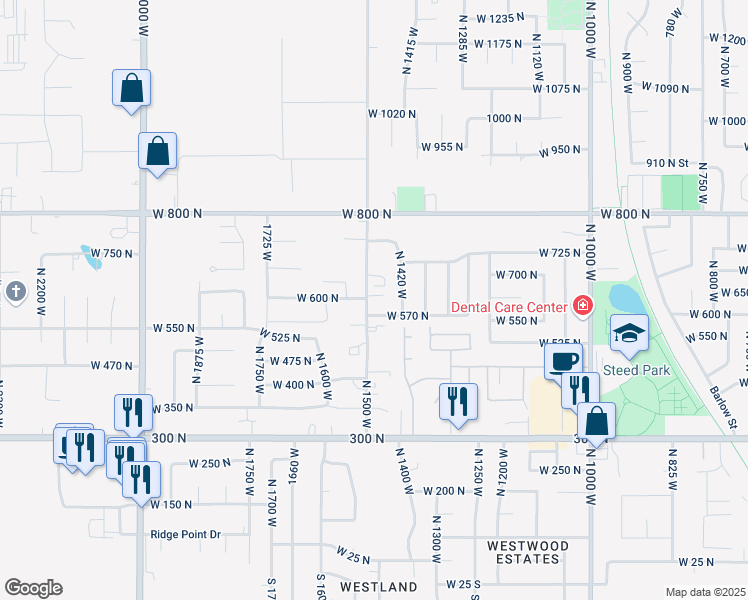 map of restaurants, bars, coffee shops, grocery stores, and more near 596 North 1500 West in Clinton
