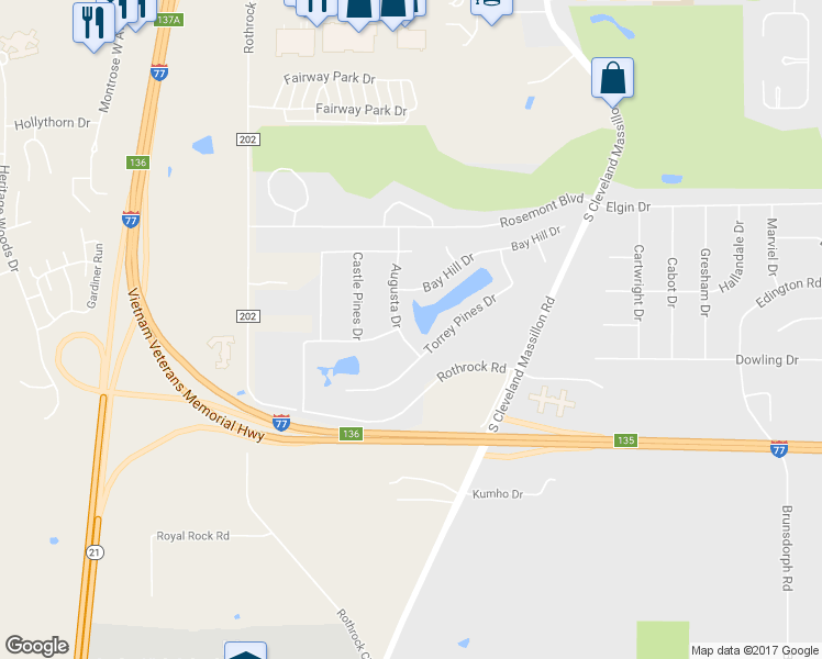 map of restaurants, bars, coffee shops, grocery stores, and more near 483 Augusta Dr in Akron