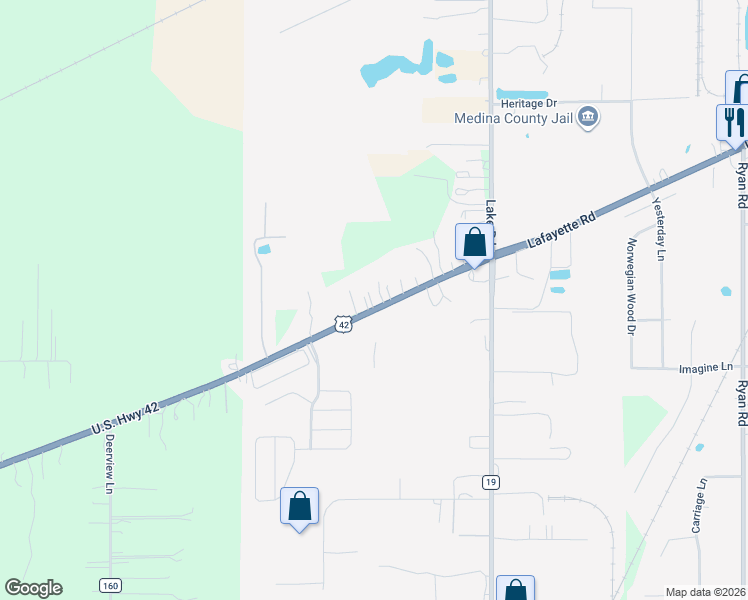 map of restaurants, bars, coffee shops, grocery stores, and more near 5574 Lafayette Rd in Medina