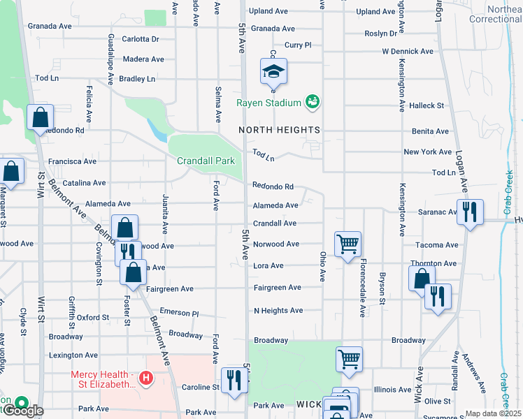 map of restaurants, bars, coffee shops, grocery stores, and more near 287 Alameda Avenue in Youngstown