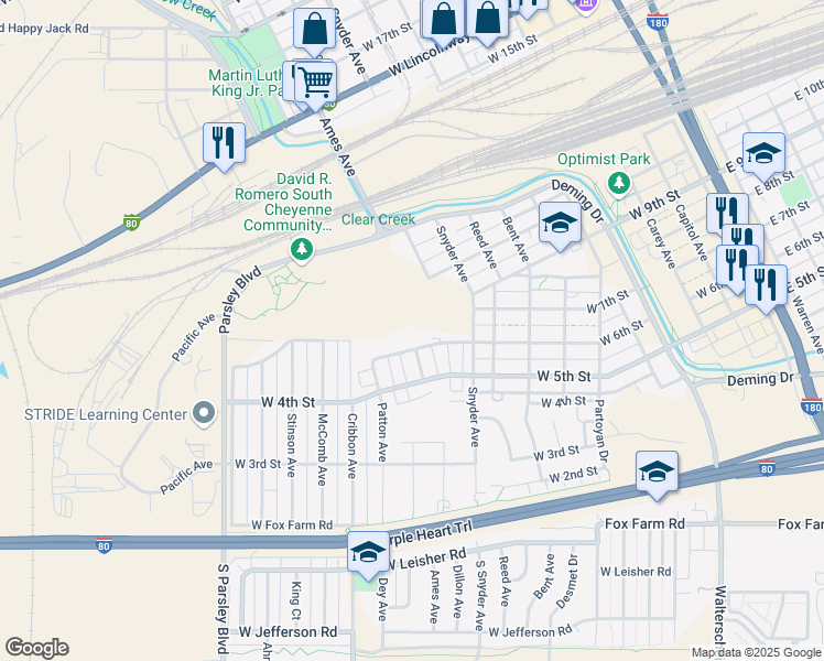map of restaurants, bars, coffee shops, grocery stores, and more near 966 West 6th Street in Cheyenne