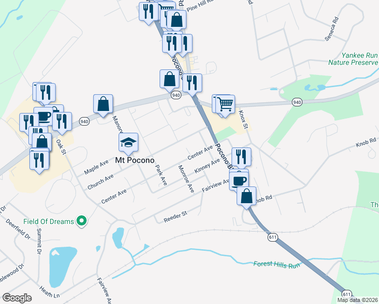 map of restaurants, bars, coffee shops, grocery stores, and more near 26 Center Avenue in Mount Pocono