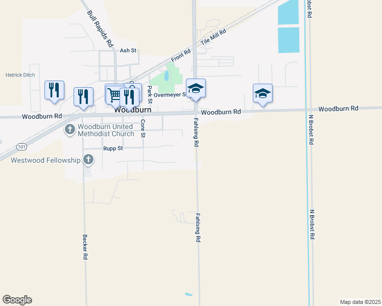 map of restaurants, bars, coffee shops, grocery stores, and more near 4121 Fahlsing Road in Woodburn