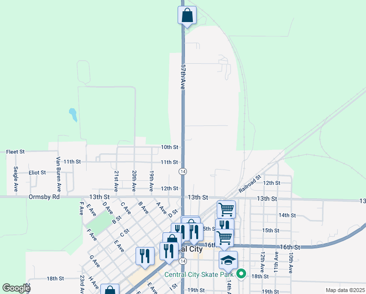 map of restaurants, bars, coffee shops, grocery stores, and more near 1700 10th Street in Central City