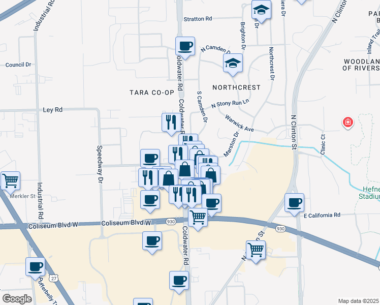 map of restaurants, bars, coffee shops, grocery stores, and more near 406 East Camden Drive in Fort Wayne