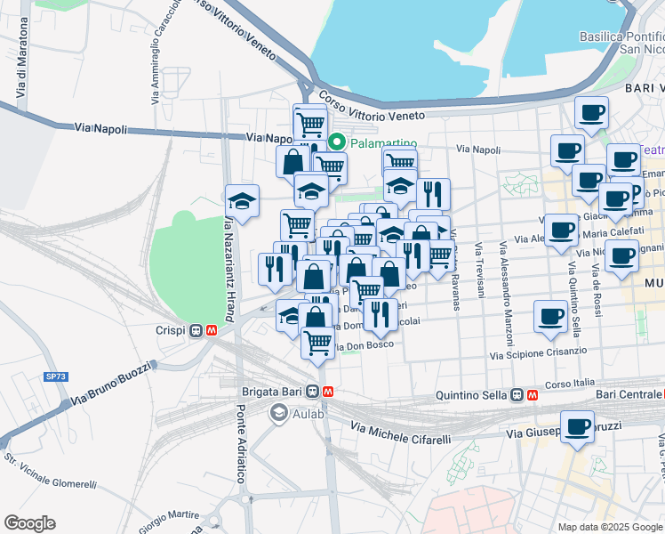 map of restaurants, bars, coffee shops, grocery stores, and more near 6 Via Tommaso Porcelli in Bari
