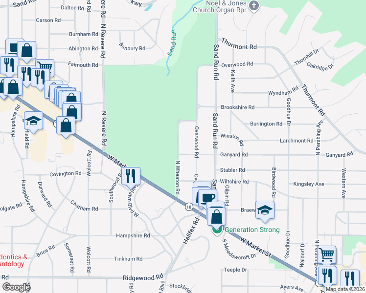 map of restaurants, bars, coffee shops, grocery stores, and more near 131 North Wheaton Road in Akron