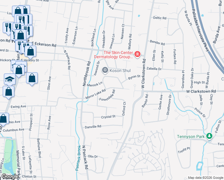 map of restaurants, bars, coffee shops, grocery stores, and more near 13 Mirror Lake Road in Spring Valley