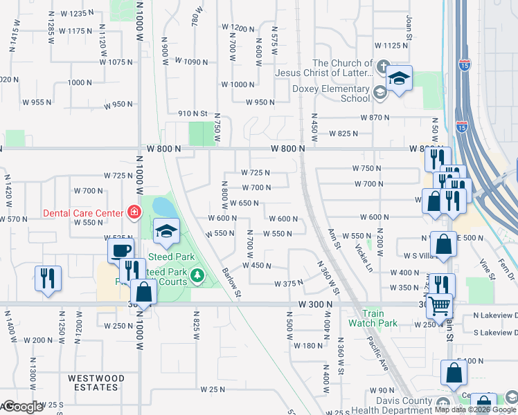 map of restaurants, bars, coffee shops, grocery stores, and more near 690 West 650 North in Clearfield