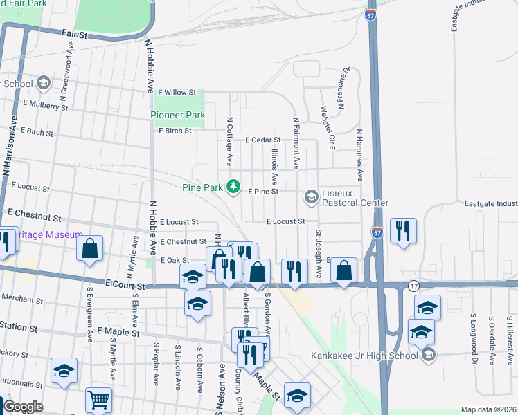 map of restaurants, bars, coffee shops, grocery stores, and more near 342 Industrial Avenue in Kankakee
