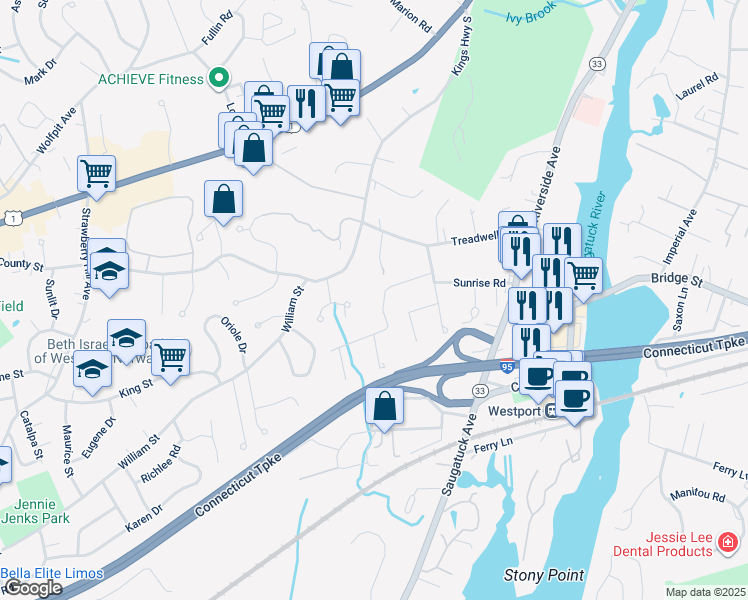 map of restaurants, bars, coffee shops, grocery stores, and more near 12 Hogan Trail in Westport