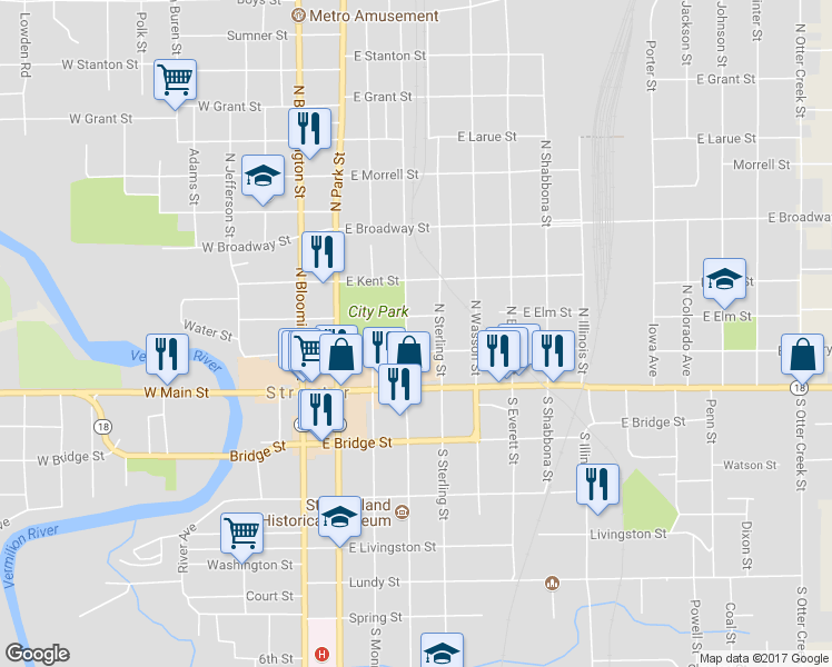 map of restaurants, bars, coffee shops, grocery stores, and more near 207 North Vermillion Street in Streator