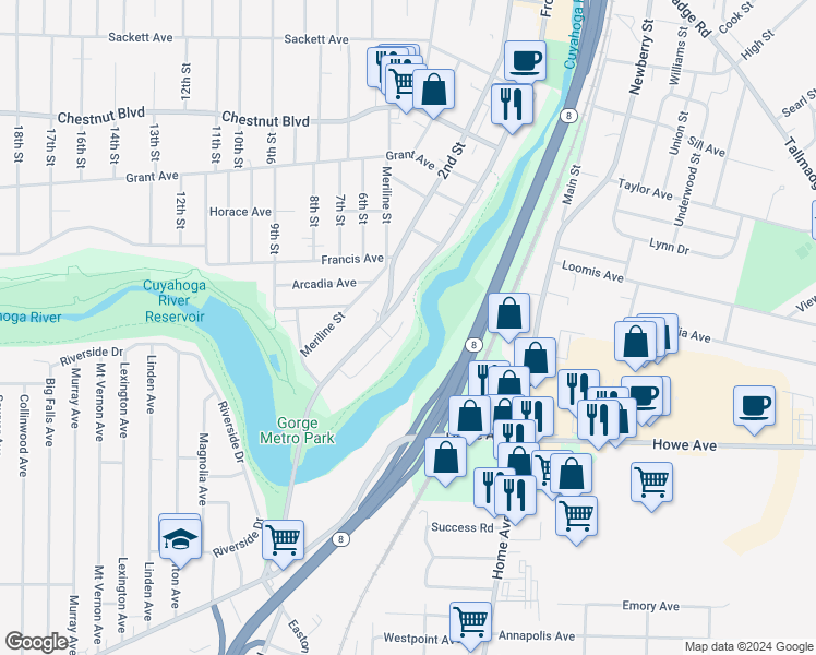 map of restaurants, bars, coffee shops, grocery stores, and more near 1381 Forest Glen Drive in Cuyahoga Falls