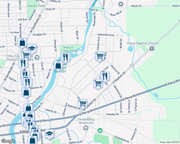 map of restaurants, bars, coffee shops, grocery stores, and more near 124 Ohio Avenue in Tiffin