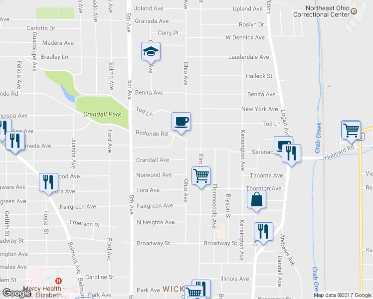 map of restaurants, bars, coffee shops, grocery stores, and more near 219 Saranac Avenue in Youngstown