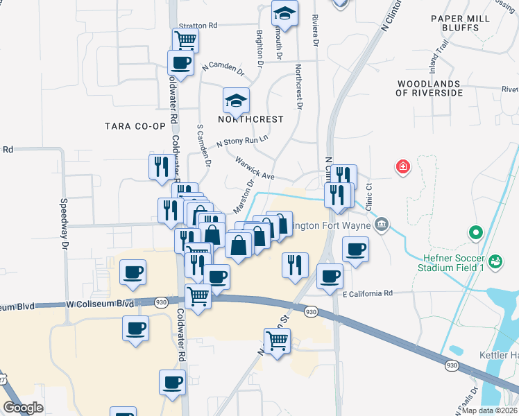 map of restaurants, bars, coffee shops, grocery stores, and more near 4823 Northcrest Drive in Fort Wayne