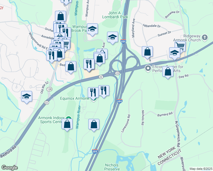 map of restaurants, bars, coffee shops, grocery stores, and more near 90 Business Park Drive in Armonk